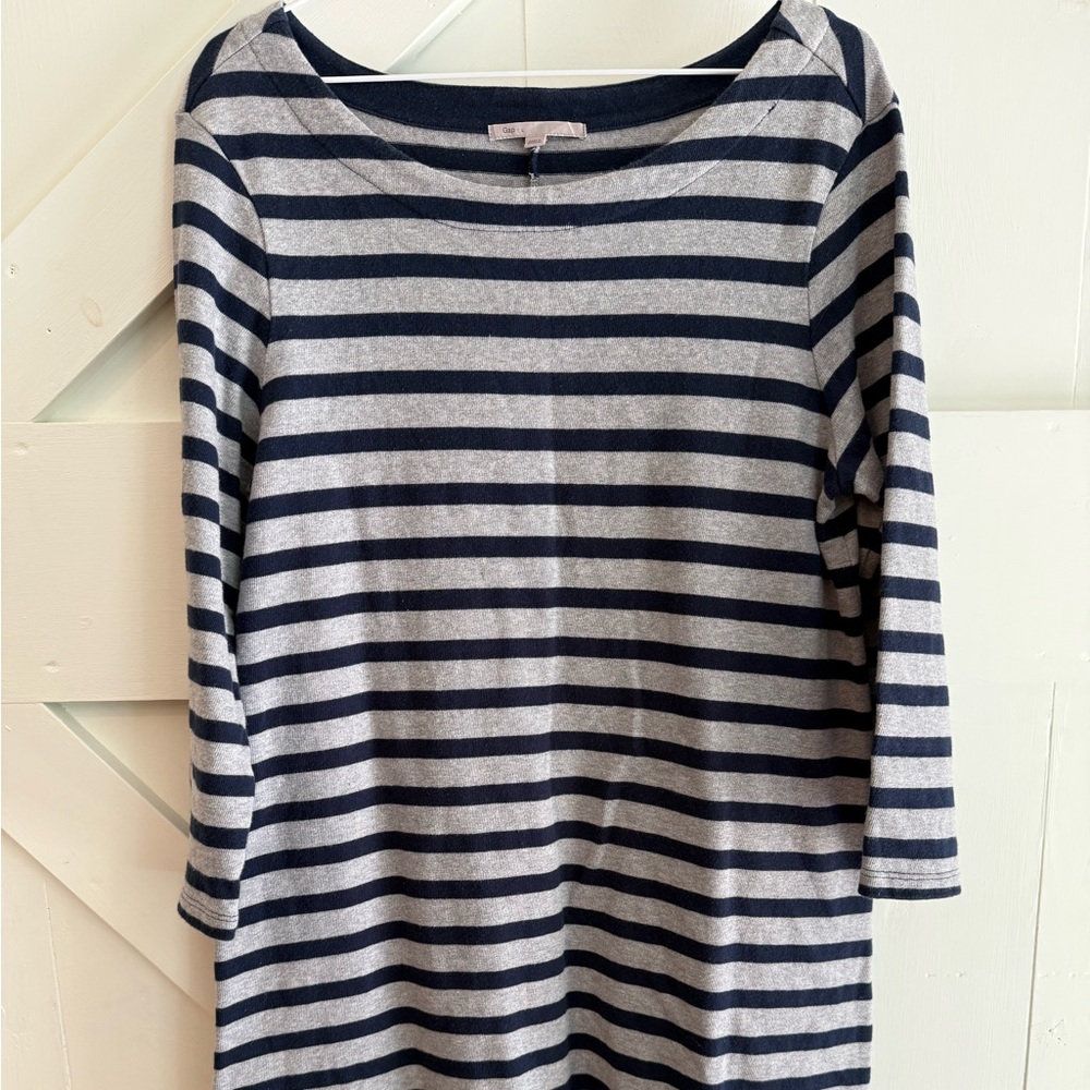 Gap Tunic T-Shirt Dress Large Navy Blue/Gray Striped Classic 3/4 Sleeve